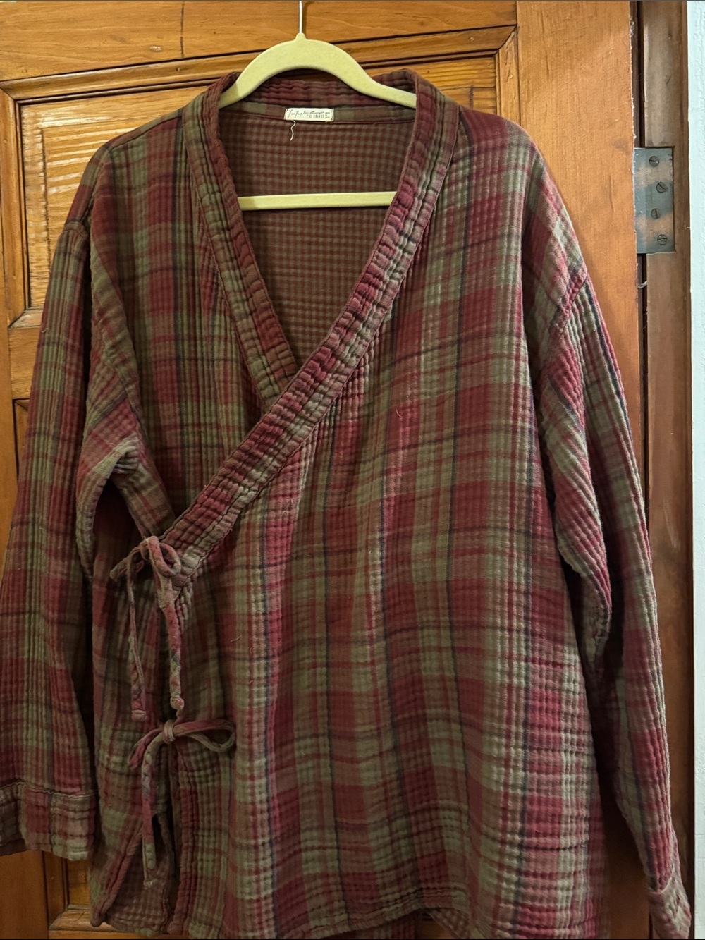 Free People Plaid Wrap-Style Long Sleeve Top in Burgundy and Olive